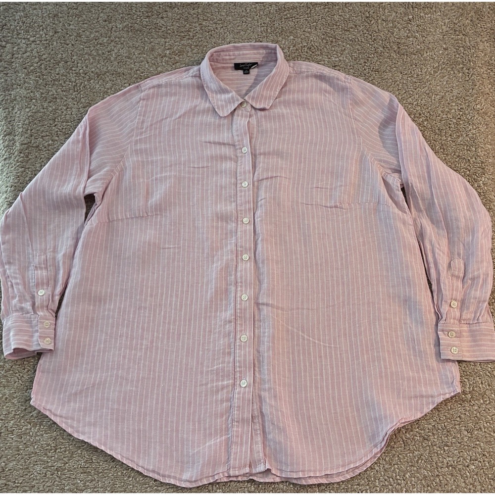 Lord & Taylor Linen Pinestripe Shirt Pink White Button Down Long Sleeve Women's